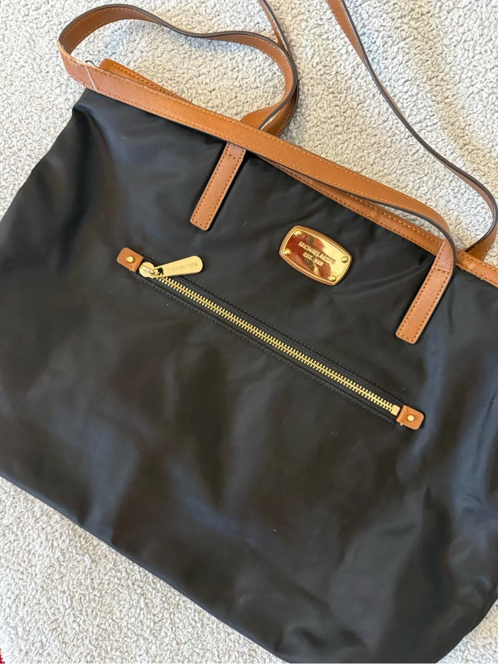 Michael Kors Black Nylon Tote with Brown Leather Trim